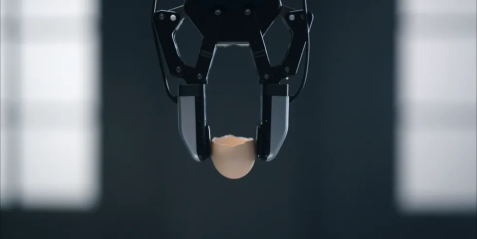 Yarı karanlık bir ortamda çatlamış yumurta kabuğunu nazikçe tutan robotik kavrayıcı