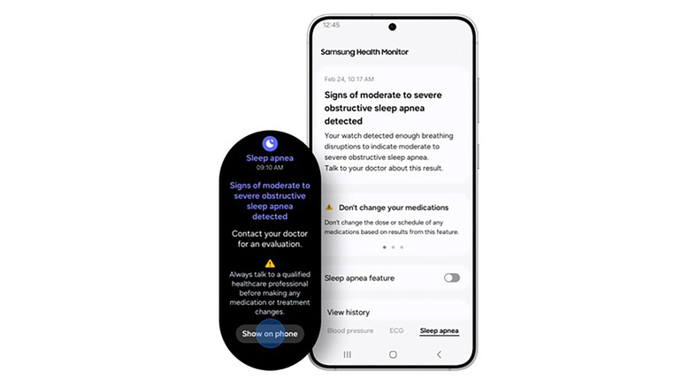 Olası uyku apnesine işaret eden bildirim gösteren bir Samsung Galaxy telefon ve Galaxy Watch.
