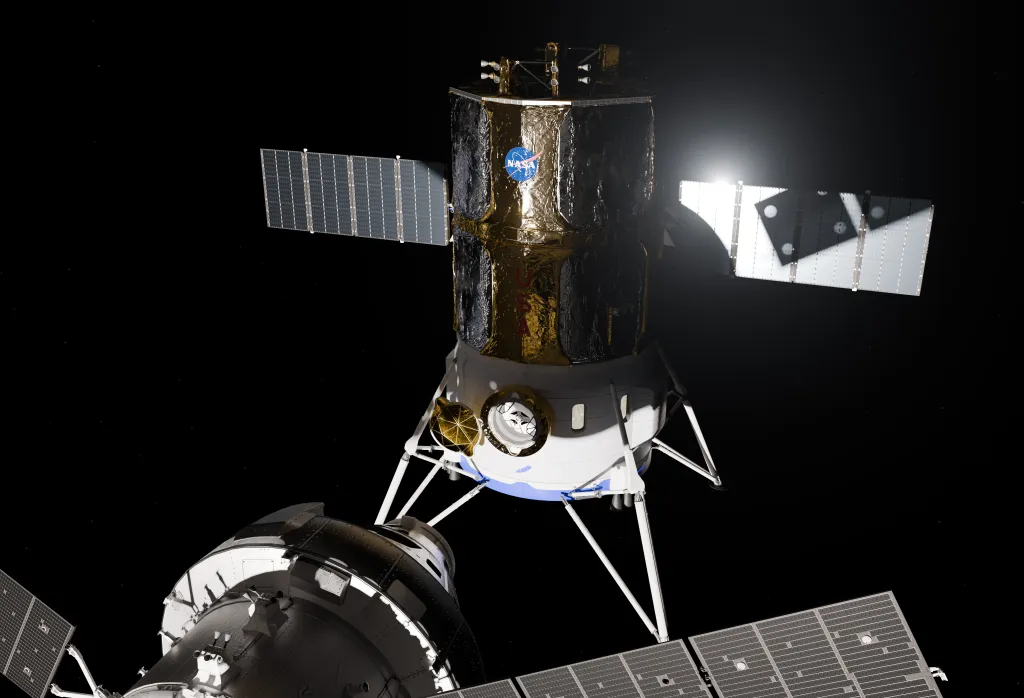 Blue Origin'in Blue Moon Mark 2 insanlı iniş sistemi test parçasının NASA'nın Orion uzay aracına kenetlenmiş konsept çizimi