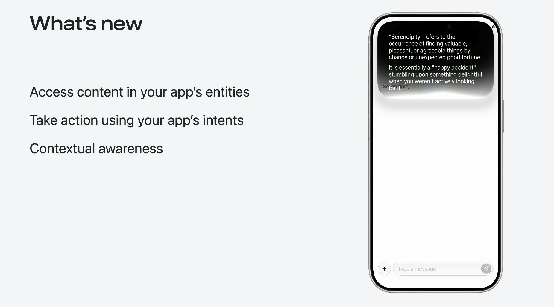 Apple'ın geliştiricilerin Siri AI ile nasıl entegre olabileceğini gösteren videosundan bir kare.