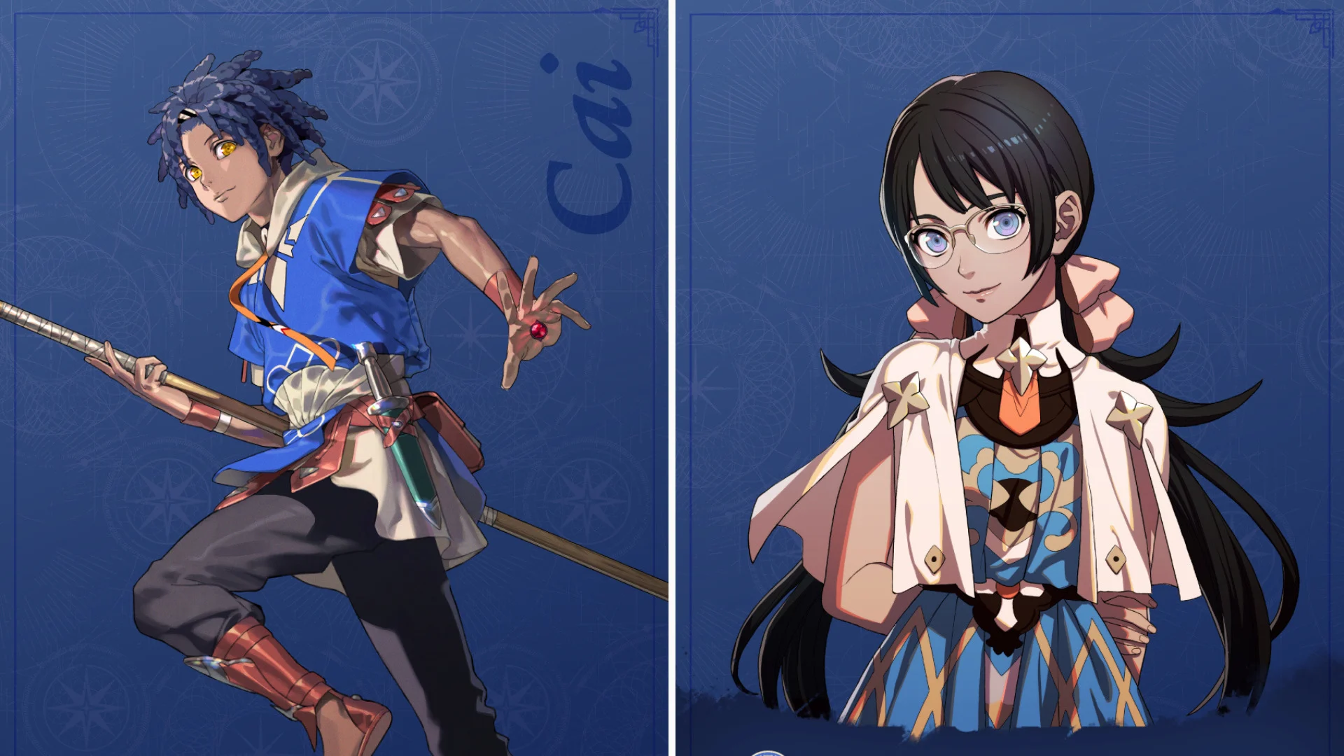 Fire Emblem Fortune's Weave'den Kai ve Tiara'nın yan yana fotoğraflarını içeren grafik