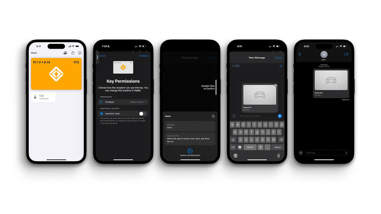 Rivian dijital anahtarının iPhone'da görüntüsü ve anahtarın başkalarıyla paylaşılması.