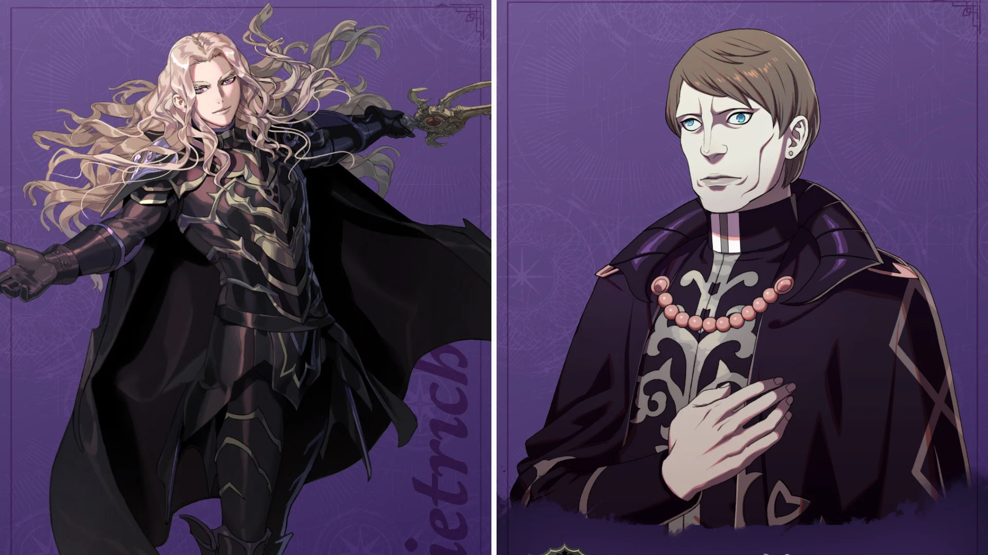 Fire Emblem Fortune's Weave'den Dietrich ve Fabio'nun yan yana fotoğraflarını içeren grafik