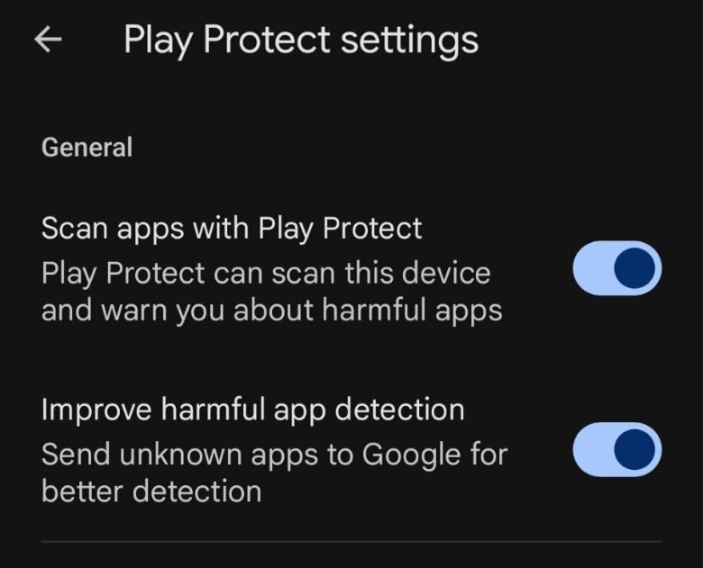 Play Protect ayarlarının ekran görüntüsü