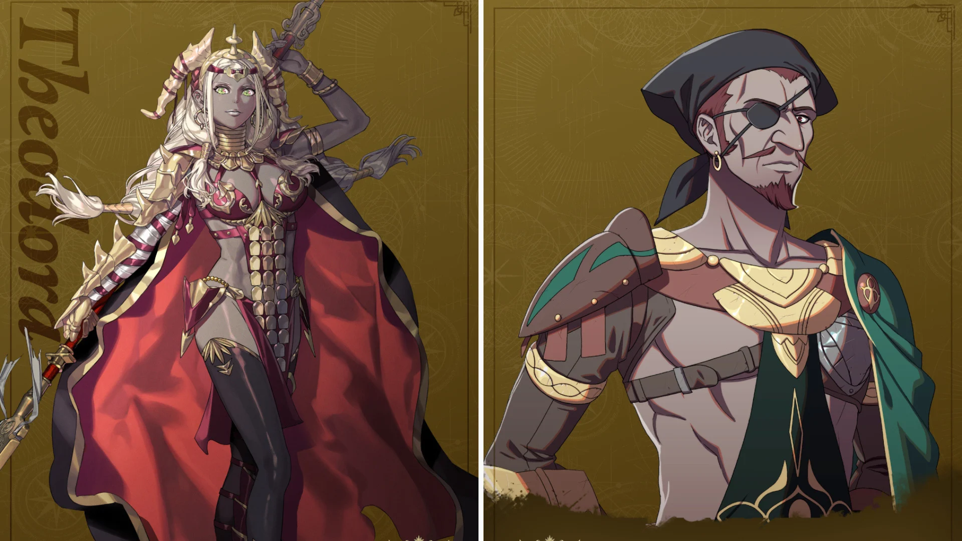Fire Emblem Fortune's Weave'den Theodora ve Bonaparte'ın yan yana fotoğraflarını içeren grafik