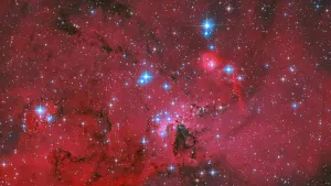 Hubble'dan Nefes Kesen Görüntü: Mavi ve Beyaz Yıldızlarla Parlayan Kızıl Bir Yıldız Doğumevi