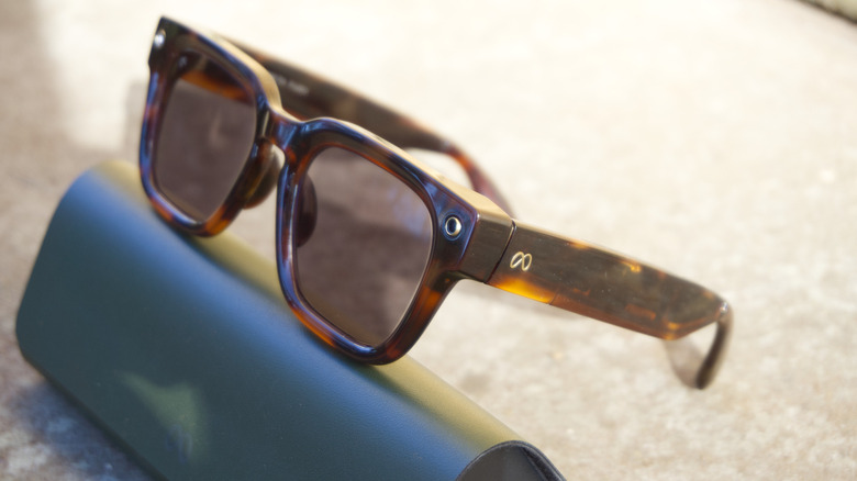 The Meta Fury Glasses in tortoiseshell from the side showing a Meta logo