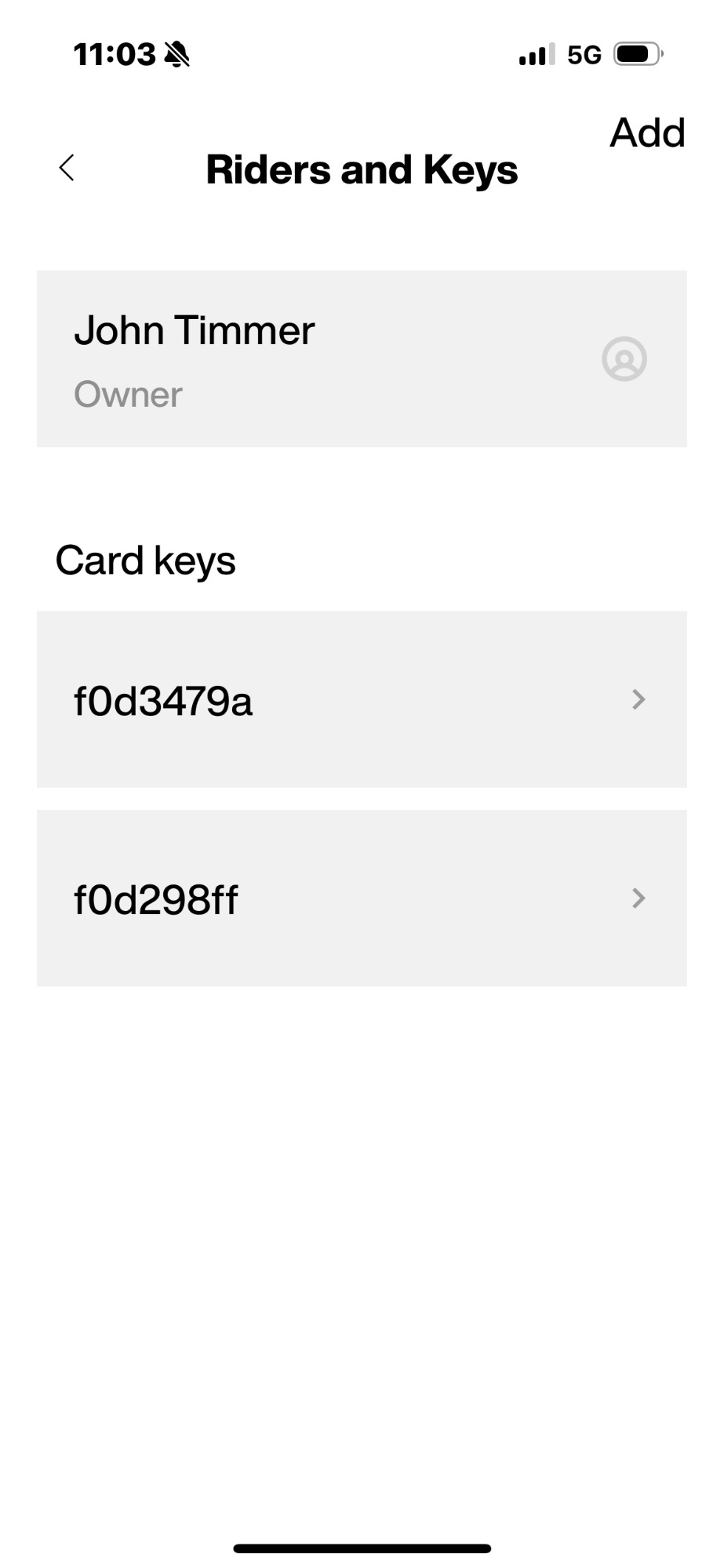 Telefon uygulamasından araca tanımlı NFC kartları yönetme ekran görüntüsü