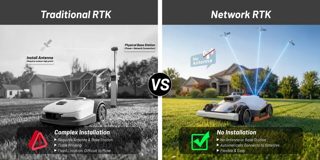 Bu grafik anten tabanlı RTK ile ağ RTK'nın nasıl çalıştığını gösteriyor.