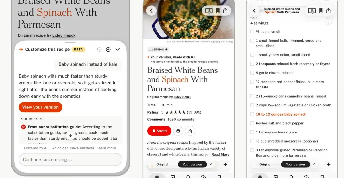 New York Times Cooking uygulamasında yapay zekâ destekli tarif uyarlama testi